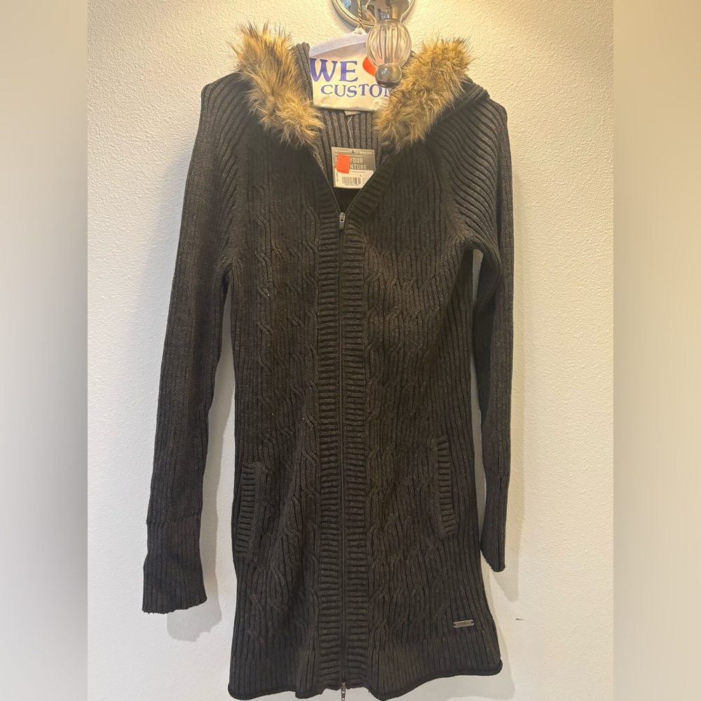 Eddie Bauer Black Cardigan with Faux Fur Collar